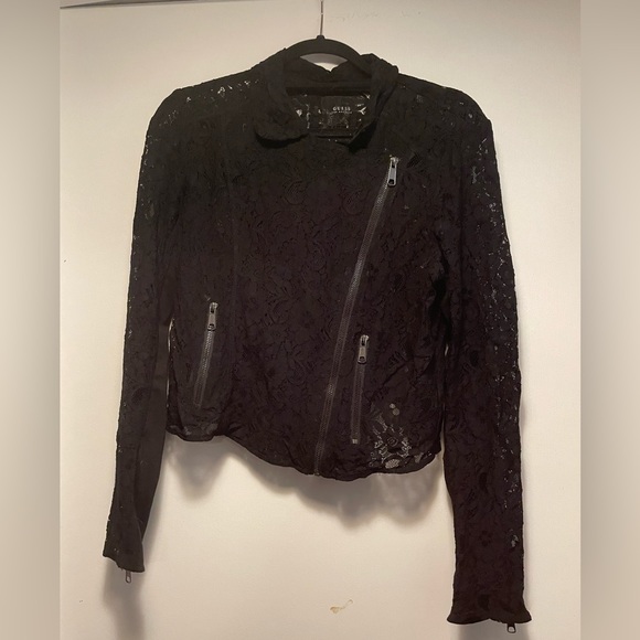 Guess Women’s Black Lace Biker Jacket Cropped Size Large - Picture 3 of 7